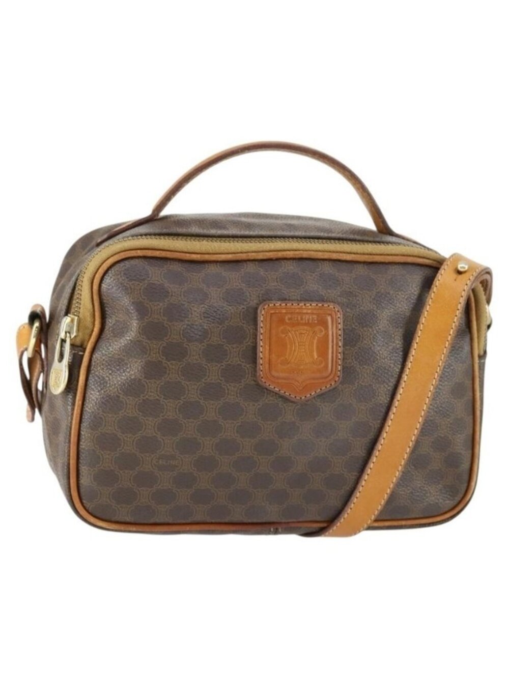 Authentic CELINE Macadam Canvas Shoulder Bag PVC Leather 2way Brown Gold